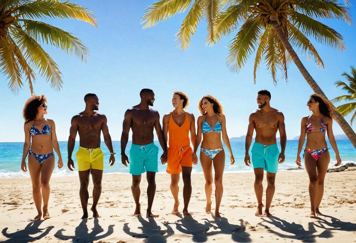 A serene beach scene featuring a diverse group of people laughing and enjoying the sun in vibrant, stylish sensual swimwear. The backdrop should include gentle waves and sun-kissed sand, with palm trees gently swaying. Incorporate elements of pleasure and intimacy, such as intimate couple moments or friends sharing joy. The colors should be warm and inviting, radiating a summer vibe. super-realistic. vibrant colors. summer beach theme.